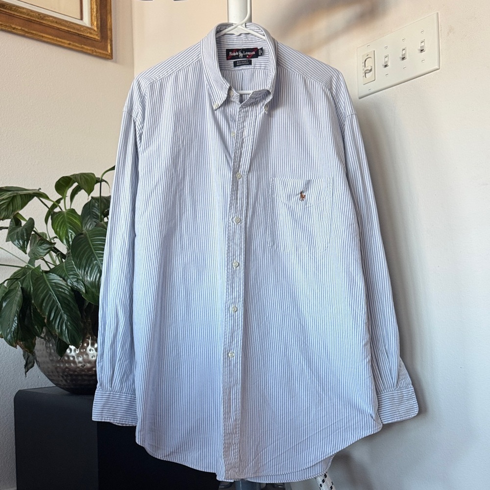 Ralph Lauren Men's Striped Button Up Shirt Sz L Big & Tall Blue White Cotton